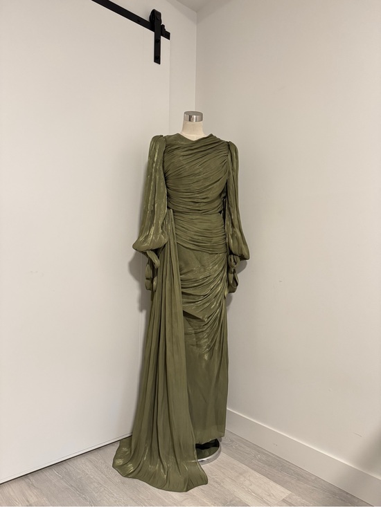 Dresses & Skirts - Olive Green Draped Evening Dress with Bow Detail